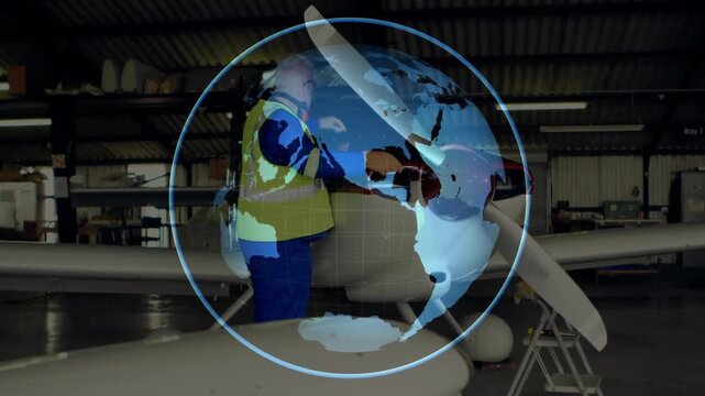 Technician entering bay activating hologram globe inspecting cowling and fluids for flight