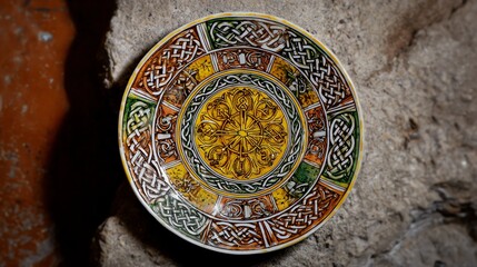 Fototapeta premium Handcrafted Porcelain Plate for Lughnasadh – Rich Harvest Hues of Amber, Golden Yellow & Earthy Green in Intricate Concave Design