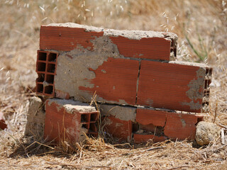 loose collection of bricks bound together with mortar residue, lying in a dry, grassy environment