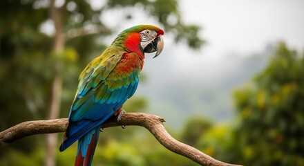 Fototapeta premium Vibrant Macaw Perched on Branch, Lush Tropical Backdrop