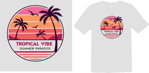 Retro Tropical Vibe Badge with Palm Trees and Sunset