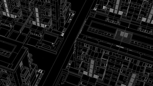 Animation of a Generic Apartment Building with solar panels on top, Seamless Looped Animation, 3D Linework rendering, Black