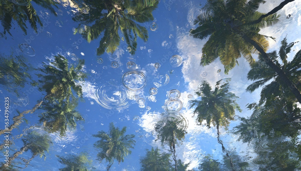 Poster underwater view of palm trees reflected in calm water, bubbles and ripples visible on surface, blue 