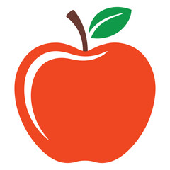 A vibrant stylized illustration of a bright red apple with a green leaf and brown stem against a clean white background
