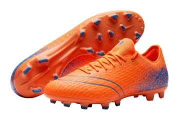 Bright orange soccer cleats with blue studs for enhanced performance on the field. Cut out PNG