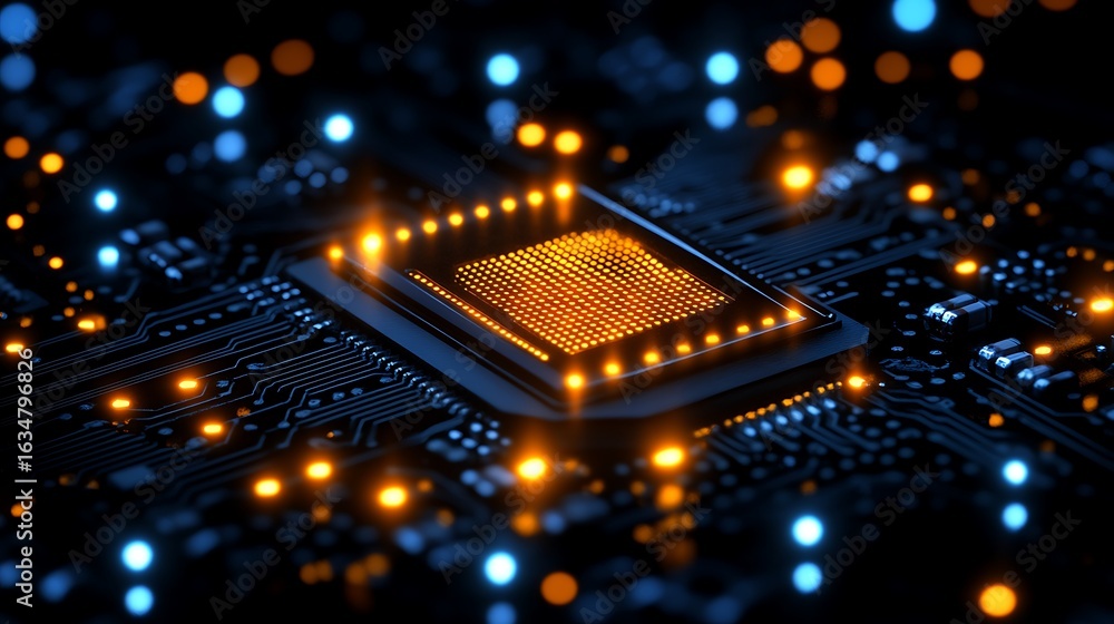 Poster close-up view of a computer circuit board with a glowing processor.