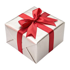 Obraz premium Festive white gift box with red ribbon isolated on transparent background