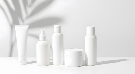 A set of white, unbranded cosmetic containers including a tube, jar, and bottles, with a palm leaf shadow.