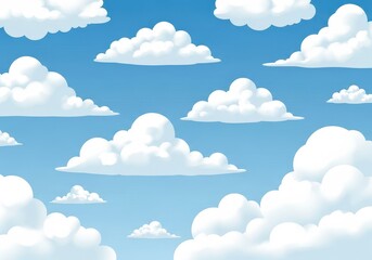 Flat illustration of a vast expanse of fluffy white cumulus clouds drifting across a bright blue sky