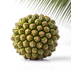 Fototapeta premium Close-up view of a pandanus fruit with tropical green leaves in white background