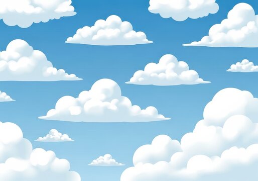 Flat illustration of a vast expanse of fluffy white cumulus clouds drifting across a bright blue sky