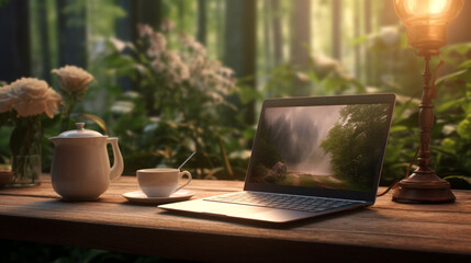 Photo of laptop and coffee in a serene forest setting with warm lighting