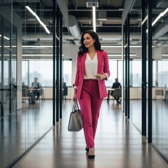 Confident Businesswoman in Pink Suit Walking in a Modern Office Corridor