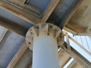 Detailed image of a support pillar that is attached to a platform with screws or rivets,...