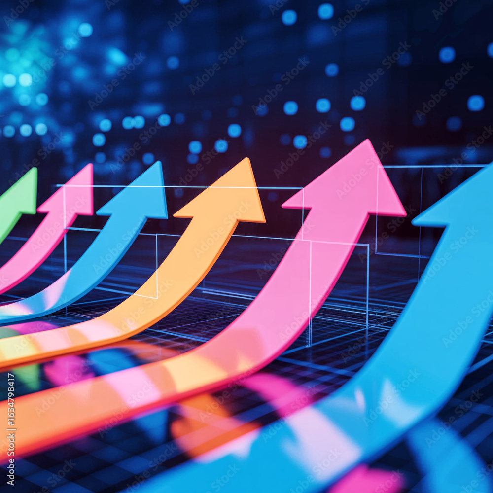 Poster colorful arrows pointing upwards on digital chart background representing growth and success in busi