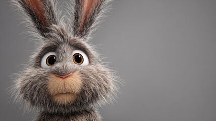 Cheerful grey and white bunny with long ears and wide eyes rendered in high-detail 3D style against a plain grey backdrop, whimsical and expressive rabbit character illustration.