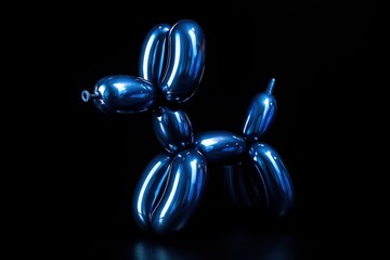 Glossy blue balloon dog sculpture on black background with dramatic lighting
