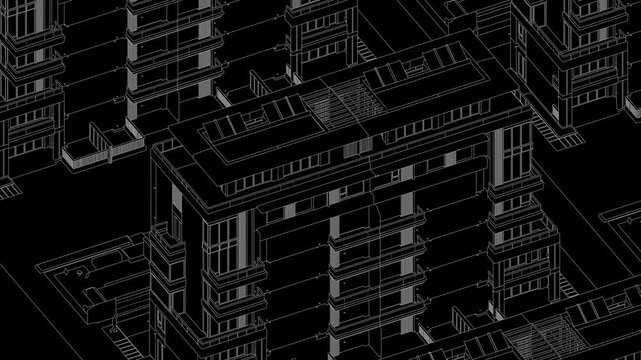 Animation of a Generic Apartment Building with solar panels on top, Seamless Looped Animation, 3D Linework rendering, Black