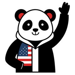 Friendly panda wearing a suit with american flag detail waves hello