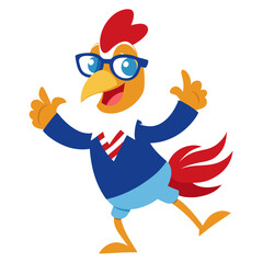 Happy cartoon rooster wearing glasses and a suit