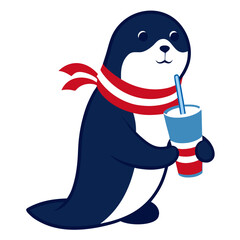 Cute cartoon seal wearing a red white and blue scarf holding a drink