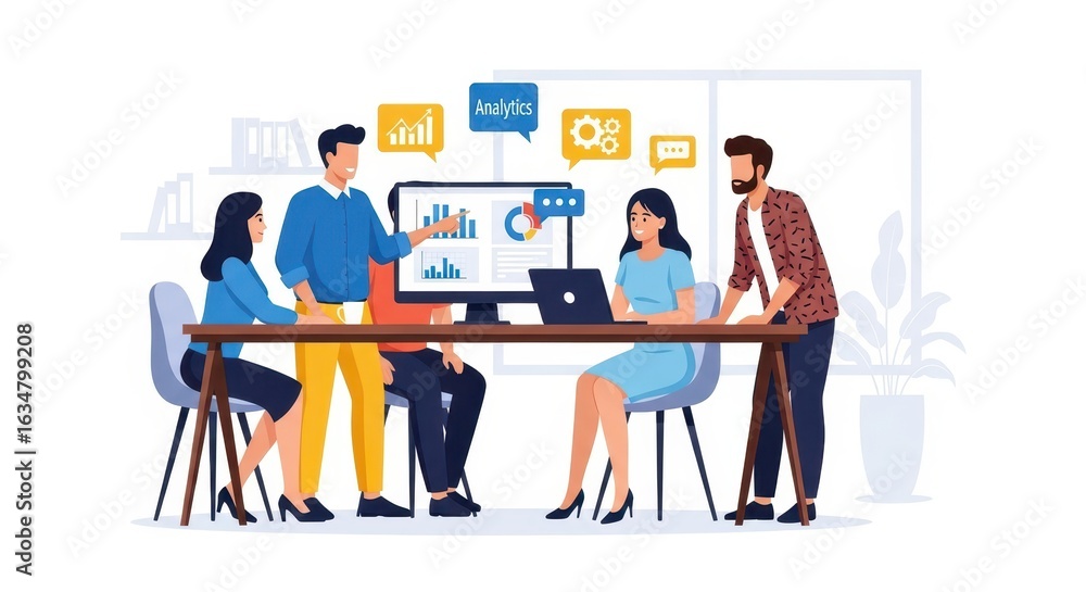 Poster flat illustration of a business team collaborates around a table, analyzing data on a computer scree