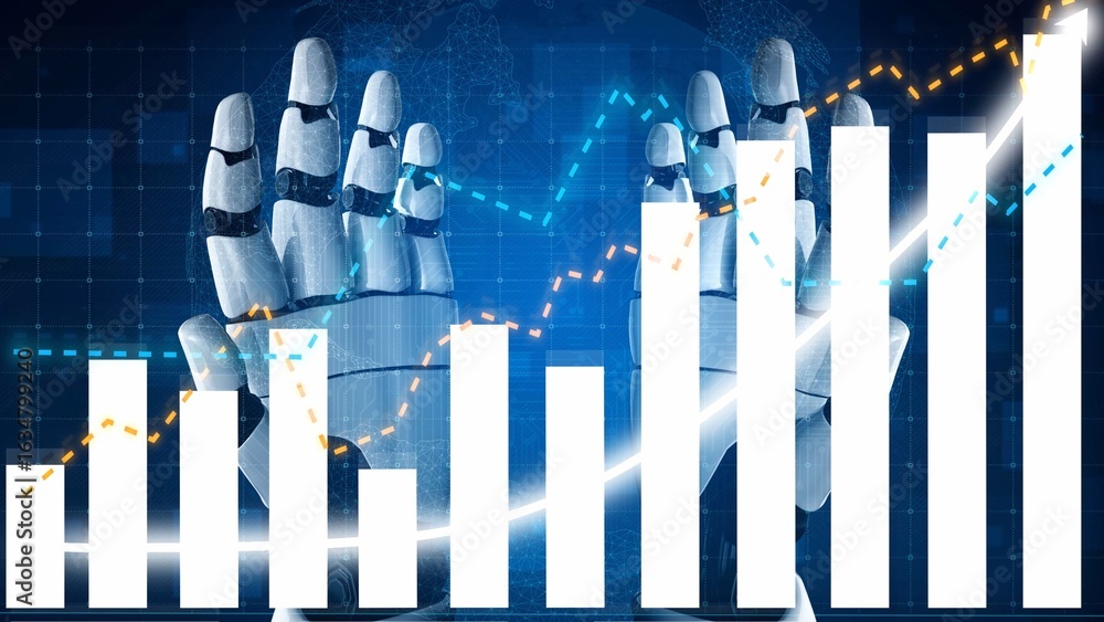 Poster a dynamic representation of a robotic hand engaging with financial charts highlights the intersectio