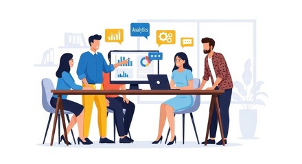 Fototapeta premium Flat illustration of a business team collaborates around a table, analyzing data on a computer screen
