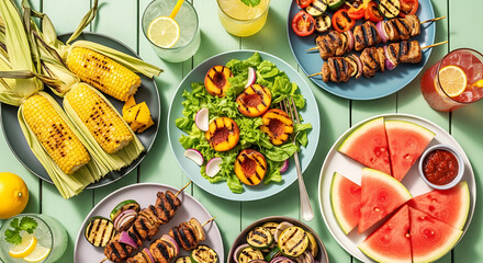 Summer barbecue spread featuring corn on the cob, peach salad, skewers, and refreshing drinks