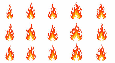 A collection of stylized cartoon fire flames. Vector graphic set of red, orange, and yellow bonfire icons for animation or design.