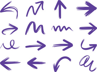 Collection of Hand Drawn Purple Arrows Pointing in Different Directions for Presentations or Graphic Design Projects and Creative Visual Communication Purposes