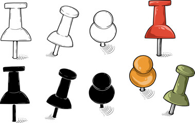 Push Pin Vector Set. Colorful, Line Art, and Silhouette Styles of Paper Mark Pins for Planner, Notes, and Office Stationery in Hand Drawn Style.
