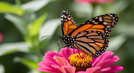 Fototapeta premium Monarch Butterfly on Zinnia: A vibrant monarch butterfly, with its striking orange and black wings, delicately perches on a pink zinnia flower.