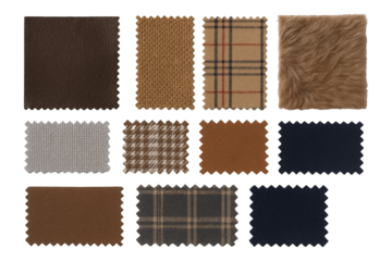 Collection of Fabric Swatches Showcasing Diverse Textures, Patterns, and Rich Earth Tones for Interior Design and Fashion