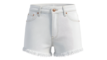 Women's classic white denim shorts with a frayed hem, isolated on a white background