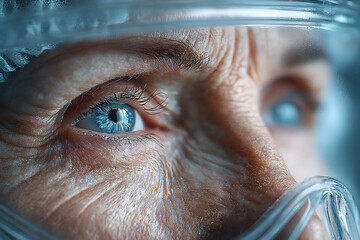Elderly Woman with eye protective shield after eye surgery. Eye disease, Cataract, Glaucoma, Age Related Macular Degeneration, Diabetic Retinopathy, Vitreous, Lasik, World Glaucoma day and health