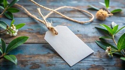 Blank Rustic Gift Tag Mockup:  White Tag, Twine, Greenery on Weathered Wood Background