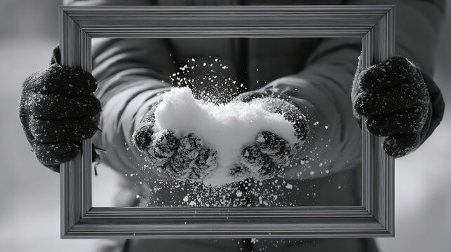 Gloved hands holding snowball mid throw playful action shot bright winter black and white frame