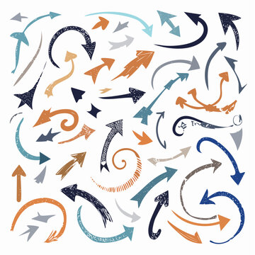 Verschiedene kr&auml;ftige, handgezeichnete gebogene Pfeile &ndash; Doodle-Stil mit dicken Markerstiften, Vektorillustration