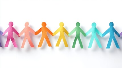 Row of gradient pastel paper people holding hands in a soft orange, green and turquoise color palette on a white surface representing unity and diversity.