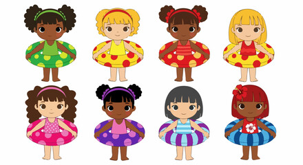 Naklejka premium Set of eight diverse cartoon girls in colorful swimsuits and patterned swim rings.