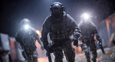 Naklejka premium Three men, special forces soldiers, in tactical gear with flashlights and rifles, entering a building during a night operation.