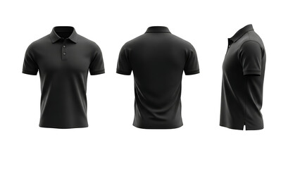 Men's black polo shirt mockup in front, back, and side view. Isolated clothing template.