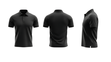 Men's black polo shirt mockup in front, back, and side view. Isolated clothing template.