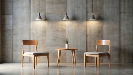 Modern minimalist living room: two light wood chairs, round table, concrete wall, pendant lamps.