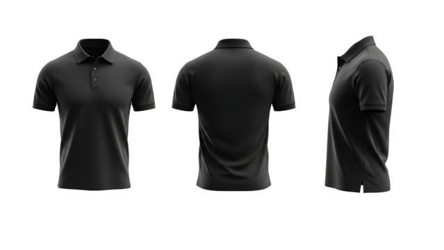 Men's black polo shirt mockup in front, back, and side view. Isolated clothing template.