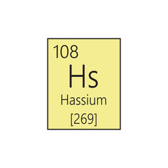 Hs Hassium Transition metal Chemical Element Periodic Table. Simple flat square vector illustration, simple clean style Icon with molar mass and atomic number for Lab, science or chemistry class.