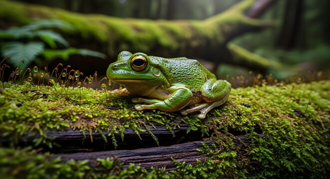 Emerald Frog in the Forest: A vibrant, green frog perched gracefully upon a moss-covered log within a sun-dappled forest, exuding a sense of serene observation.