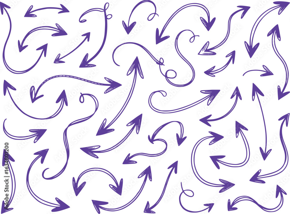 Poster hand drawn arrows in purple ink creative movement and direction indicators whimsical and playful des