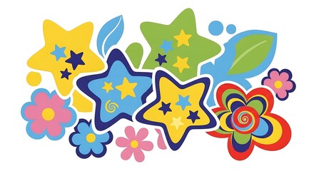 Obraz premium Playful Starry Floral Arrangement with Retro Style on White Background